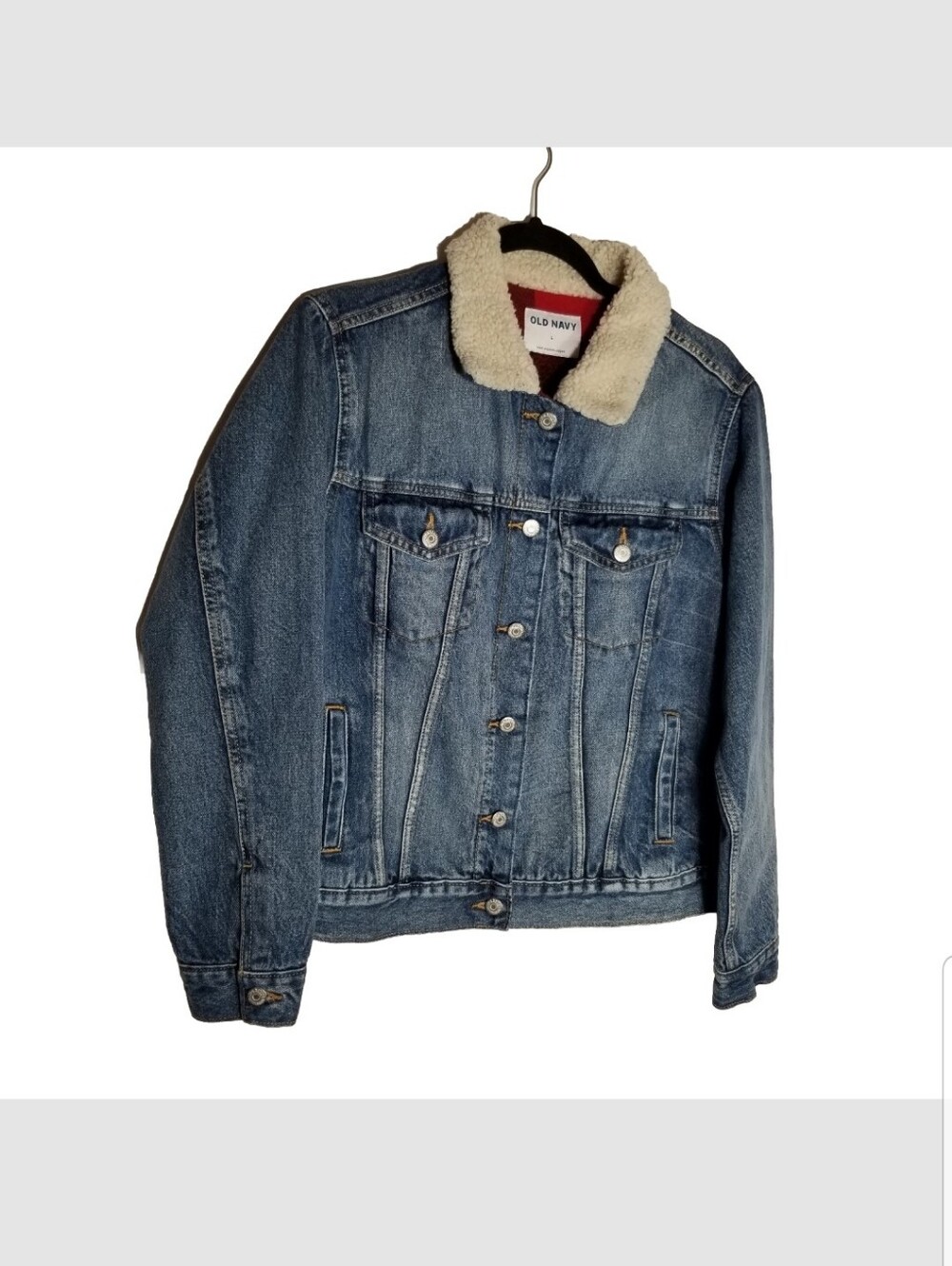 Old Navy Denim Trucker Jacket Men's Large Blue Flannel Lined Collared Cotton